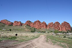 The Jeti-Ögüz rock formation from which Jeti-Ögüz District gets its name, and near-by resort.