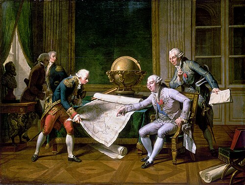 Louis XVI giving his instructions to La Pérouse, ship's captain for his voyage of exploration around the world, in the presence of the Marquis of Castries, Minister for the Navy, 29 June 1785 (1817), Versailles.