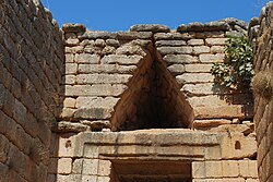 The lintel stone at the Treasury of Atreus, Mycenae, Greece (external view)
