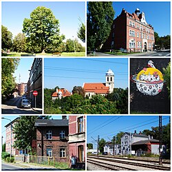 Zielony Zakątek Park, the former town hall of Gmina Dąbrówka Mała, Stacyjna Street, Church of St. Anthony of Padua, a mural on the building at 85 Henri Le Rond Street, familok at 50 H. Le Rond Street, and the former building at the Katowice Dąbrówka Mała railway station (currently the headquarters of the Gry i Ludzie Theater)
