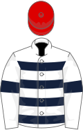White, dark blue hoops and armlets, red cap