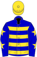 Blue and yellow hoops, blue sleeves, yellow stars, yellow cap