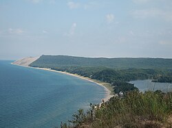 Lake Michigan (left), Sleeping Bear Dunes, and South Bar Lake (right) from Empire Bluffs