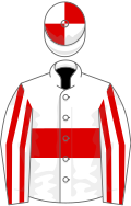 White, red hoop, striped sleeves, quartered cap