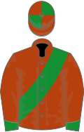 Rust, green sash and cuffs, quartered cap