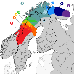 Map of Fennoscandia (Northern Europe) showing the geographic distribution of Sámi languages across northern Norway, Sweden, Finland, and Russia's Kola Peninsula, with different colours indicating the different Sámi languages and the approximate areas where they are spoken.