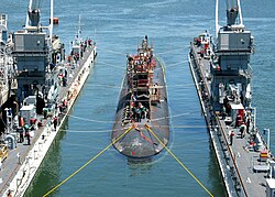 USS Asheville (SSN-758) enters the floating dry dock of Arco (ARDM-5) for scheduled maintenance at Naval Base Point Loma, California, on 25 April 2007