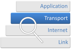 Four labeled stacked blocks. The blue block labeled "transport" is the second from the top.