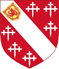 The coat of arms used by the Howard Family. The Scots shield is an augmentation, see below. Gules, on a bend between six cross-crosslets fitchy argent an escutcheon or charged with a demi-lion rampant pierced through the mouth by an arrow within a double tressure flory counterflory of the first.