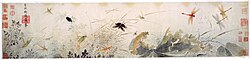 Early Autumn; by Qian Xuan; 13th century; ink and colors on paper scroll; 26.7 × 120.7 cm; Detroit Institute of Arts. The decaying lotus leaves and dragonflies hovering over stagnant water are probably a veiled criticism of Mongol rule.