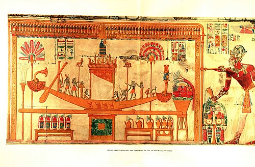 Seti offers incense and drink to the barge of Osiris
