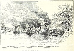Union gunboats bombarding Confederate defenses