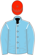 Sky blue, white seams, scarlet cap