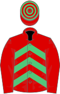 Red, emerald green chevrons, red sleeves, hooped cap