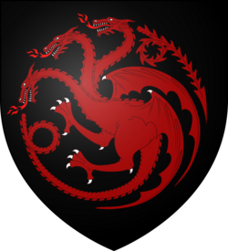 A coat of arms showing A red three-headed dragon, breathing red fire on black.