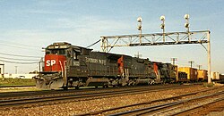 A westbound Southern Pacific Railroad freight train west of Chicago in 1992