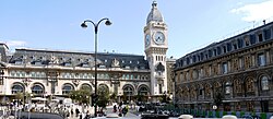Outside the station, with its large clock tower