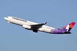 A Hawaiian Airbus A330-243 departing from Seattle.