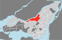 Location of Ahuntsic-Cartierville on the Island of Montreal.  (Dark grey areas indicate demerged municipalities).