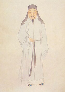 A color portrait of Gu Yanwu, wearing a hood and robes