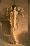 Jackie Kennedy's official White House portrait by Shikler hangs in the Vermeil Room.