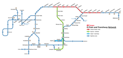 A transit diagram visualizing the rapid transit network in Ottawa. Includes O-Train Lines 1, 2, 4, and the Transitway bus rapid transit network