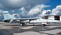 An EF-111A Raven electronic warfare aircraft on a tarmac at Mountain Home AFB