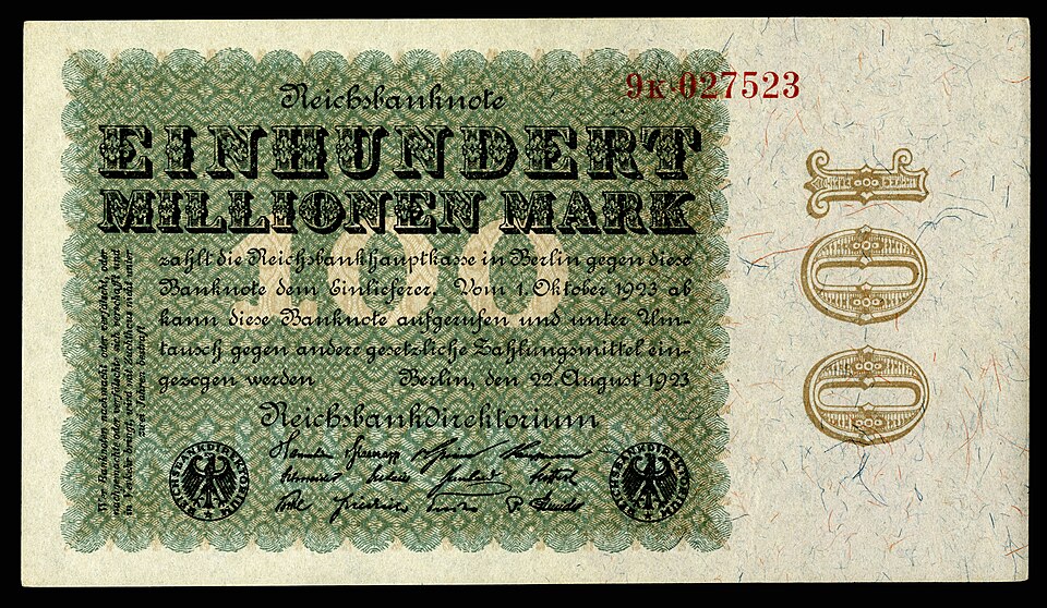 One-hundred-million Mark at Papiermark, by the Reichsbankdirektorium Berlin