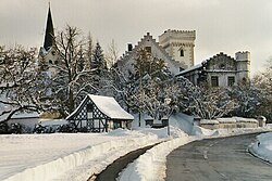 Ratzenried village in Argenbühl, including the castle of Ratzenried and the tower of the main church