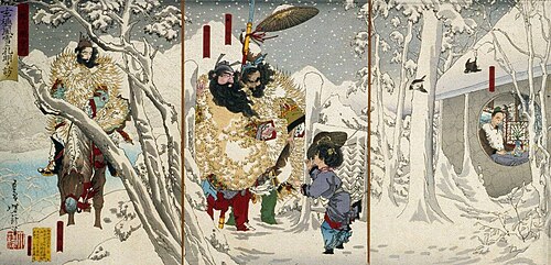 Print by Tsukioka Yoshitoshi: Gentoku Visits Kōmei in a Snowstorm (1883). Left: Gentokui Bei; center: Kwanu Yu and Chohi Fei; right: Kōmei Liang