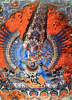 A multi-limbed Tibetan deity surrounded by an aureole of billowing fire and a pillar of smoke which signifies the wrathful nature of the deity (19th century) (Thangka of the Hayagriva).