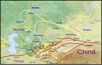 Approximate borders of Türgesh Khaganate (white line).