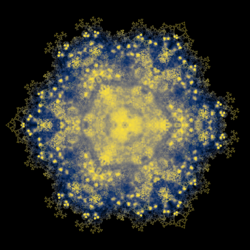 Blue, yellow, and gold fractal doily with a tilted hamster-face in the middle (that's just pareidolia, but inescapable).  Triple symmetry with sharp points at 9 o'clock, at 1 o'clock, and 5 o'clock.