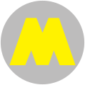 A yellow "M" over a grey circle.