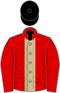 Red, beige stripe, black cap
