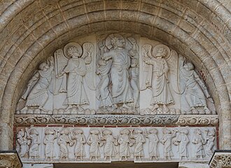 The tympanum of the side entrance of Saint-Sernin of Toulouse, (c. 1115) shows the Ascension of Christ, surrounded by angels, in a simple composition of standing figures.