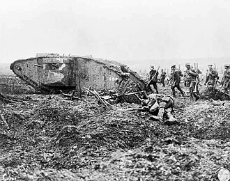 Mark II female Tank Number 598 advancing with Infantry at Vimy