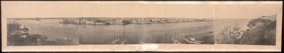Panoramic view of Havana, showing the entrance to the harbour and inner harbour; taken from Cabañas Fortress showing Morro Castle on the extreme right-handMalecón