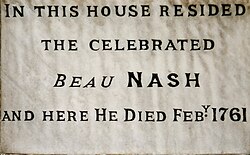 Plaque on outer wall of former Bath residence of Beau Nash