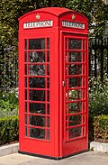 Image 14Red telephone boxPhotograph: Christoph BraunA 'K6' model red telephone box outside of St Paul's Cathedral in London. These kiosks for a public telephone were designed by Sir Giles Gilbert Scott and painted "currant red" for easy visibility. Although such telephone boxes ceased production when the KX series was introduced in 1985, they remain a common sight in Britain and some of its colonies, and are considered a British cultural icon.More featured pictures