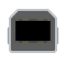 A USB 2.0 Standard‑B plug: 8 by 7 millimeters, with chamfered upper corners. There is a vertical bump on each side of the shell, and on the face a wide rectangular opening in the center of the insulator.