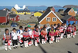 Schoolchildren in Upernavik with flags