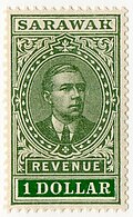 A $1 revenue stamp issued in 1918, featuring Charles Vyner Brooke, the 3rd and last White Rajah of Sarawak