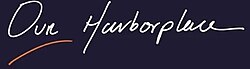 A cursive writing of "Our Harborplace" with an orange line underneath it.