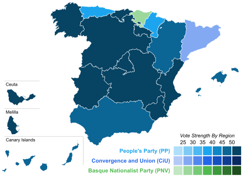 Map of Spain showcasing winning party's strength by autonomous community
