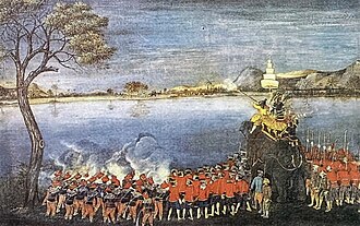 A Thai painting depicting Prince Naresuan shooting his matchlock across the Sittoung River, killing Surakamma, chief of the Burmese army during the Burmese–Siamese War (1584–1593)