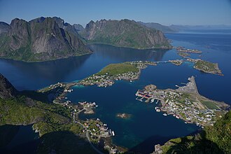 Scenery over Reine near Å in Lofoten, Norway. The E10 goes between the islands.