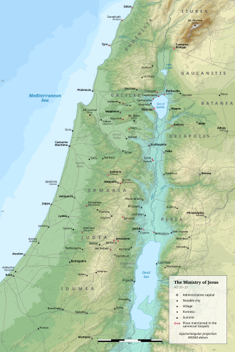 Topographical map of Palestine in the 1st century highlighting places mentioned in the canonical gospels.