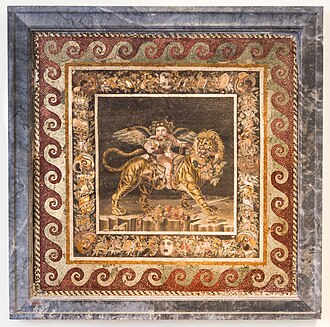 Roman volutes around a mosaic of young Dionysos drinking and riding a tiger, late 4th century BC, mosaic, National Archaeological Museum, Naples, Italy