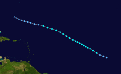 A track map of Tropical Storm Fiona during mid-August